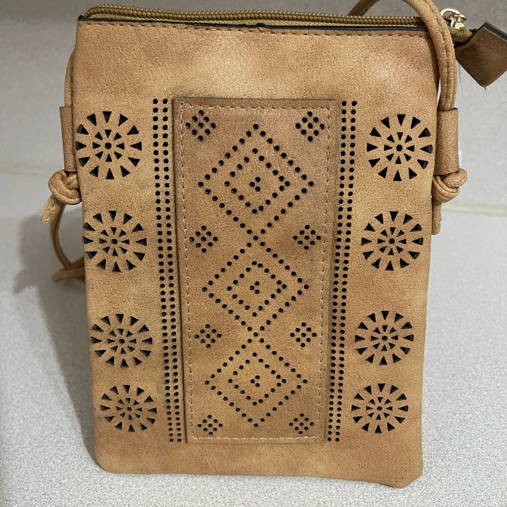 Suede Laser-Cut Tan Crossbody Phone Bag